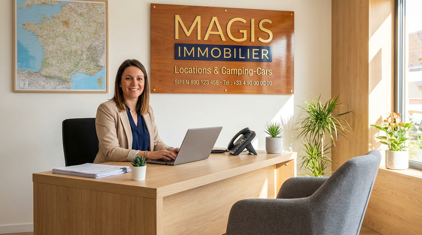 Espace d'accueil MAGIS IMMOBILIER avec notre secrétaire, bureau et mur affichant les informations de l'entreprise
