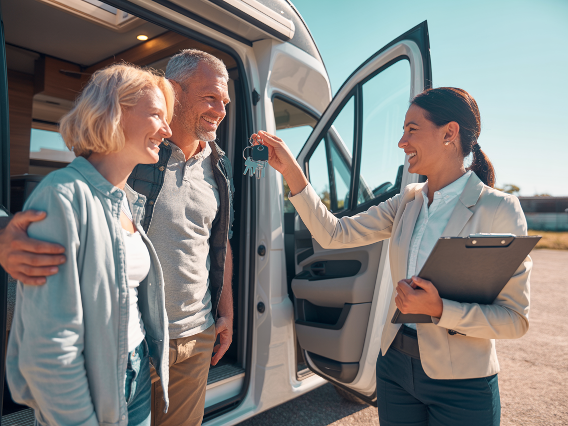 Couple recevant les clés d'un camping-car moderne
