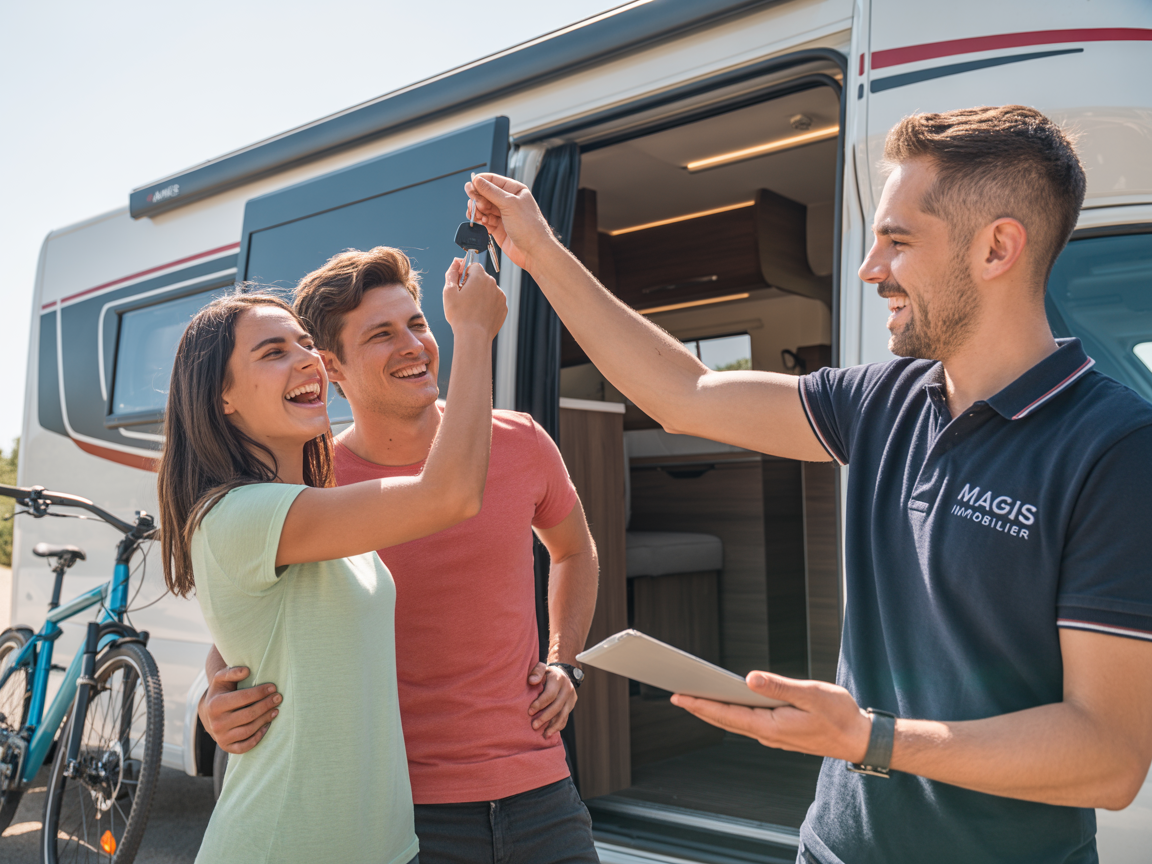 Jeune couple recevant les clés d'un camping-car avec équipement vélo