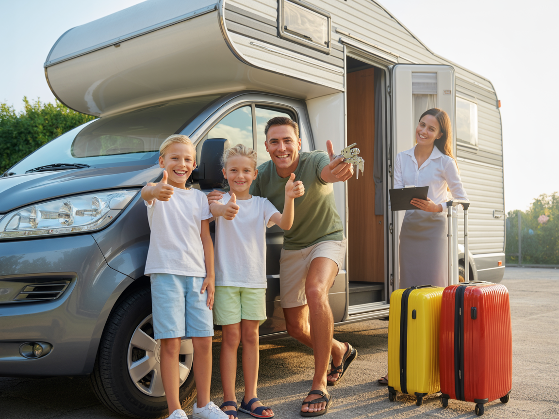 Famille heureuse devant un camping-car capucine