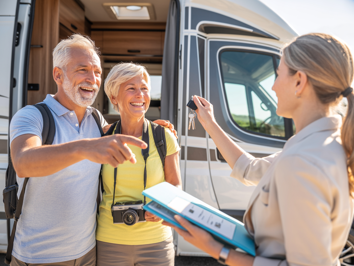 Couple de seniors recevant les clés d'un camping-car intégral