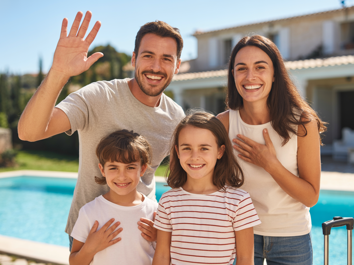 Famille française heureuse devant une villa méditerranéenne avec piscine