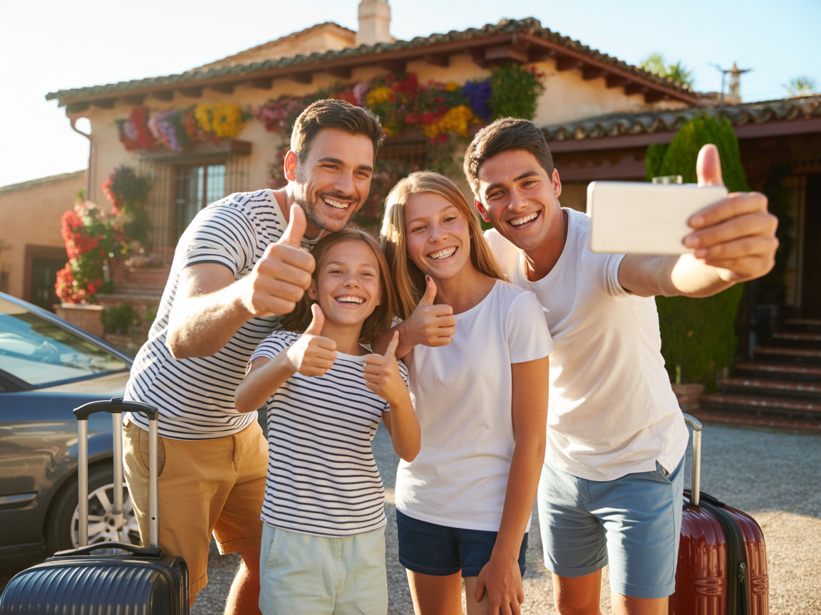 Famille satisfaite devant une maison traditionnelle en Espagne