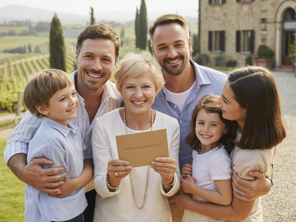 Famille multi-générations devant une villa italienne