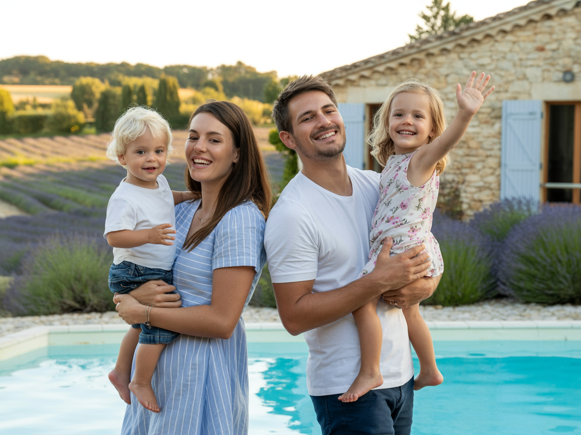 Jeune famille devant un cottage en Provence avec champs de lavande